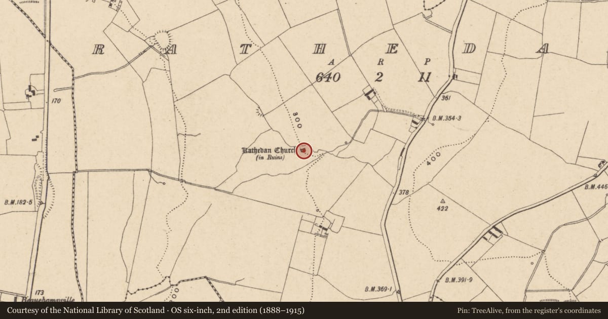Ordnance Survey six-inch map, 2nd edition (1888–1915) covering the location of Graveyard, Rathedan, County Carlow, with a pin at the register's coordinates
