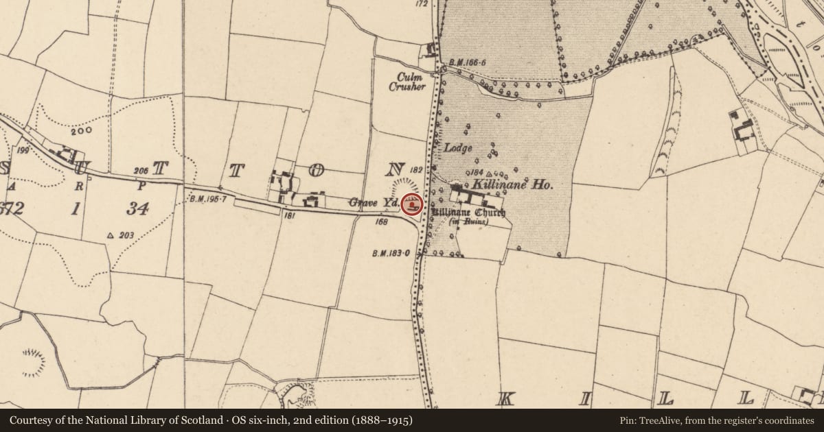 Ordnance Survey six-inch map, 2nd edition (1888–1915) covering the location of Church, Closutton, County Carlow, with a pin at the register's coordinates
