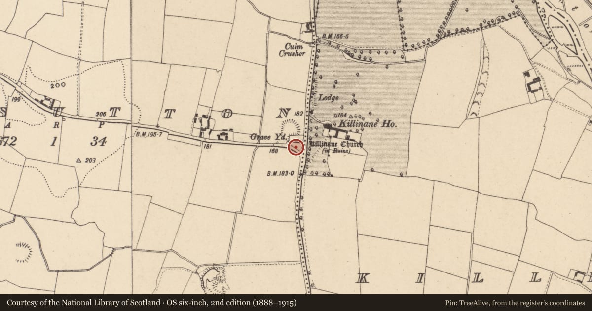 Ordnance Survey six-inch map, 2nd edition (1888–1915) covering the location of Graveyard, Closutton, County Carlow, with a pin at the register's coordinates