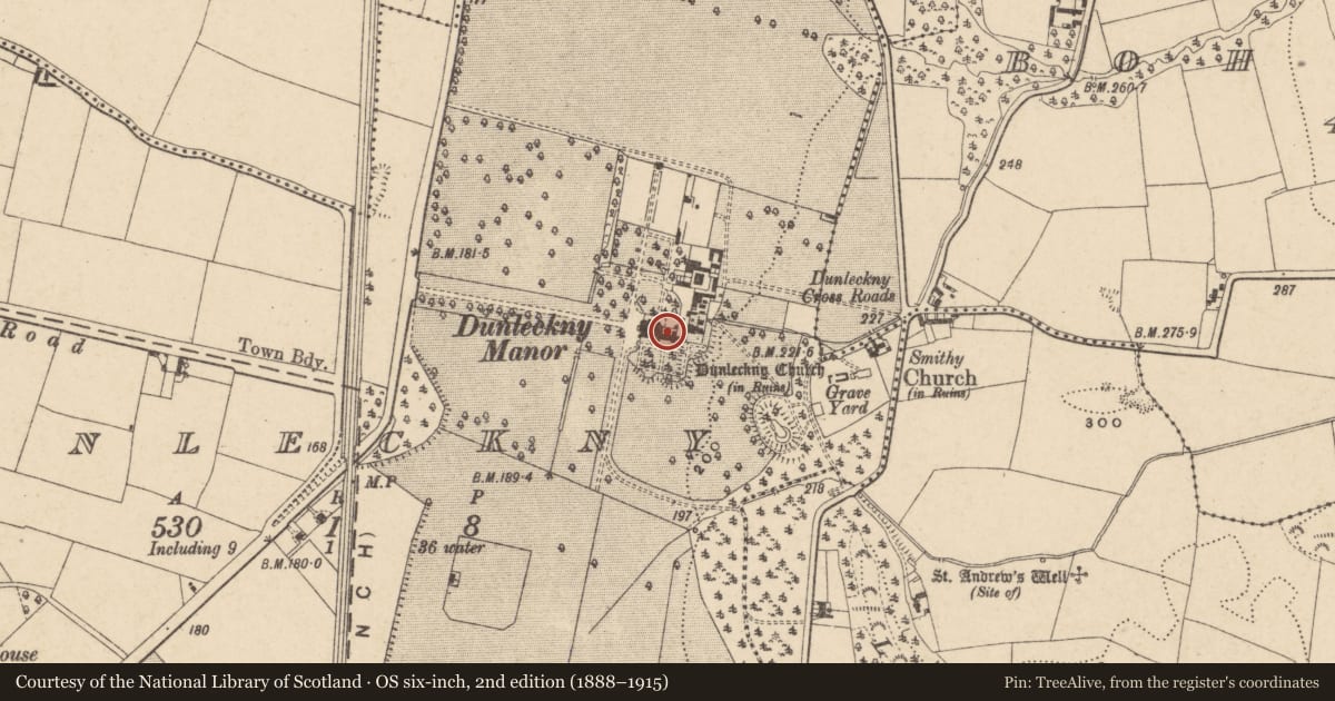 Ordnance Survey six-inch map, 2nd edition (1888–1915) covering the location of Castle - unclassified, Dunleckny, County Carlow, with a pin at the register's coordinates