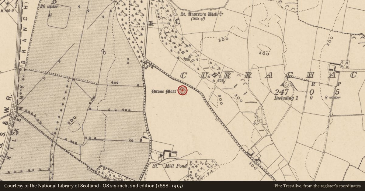 Ordnance Survey six-inch map, 2nd edition (1888–1915) covering the location of Mound, Kilcarrig, County Carlow, with a pin at the register's coordinates