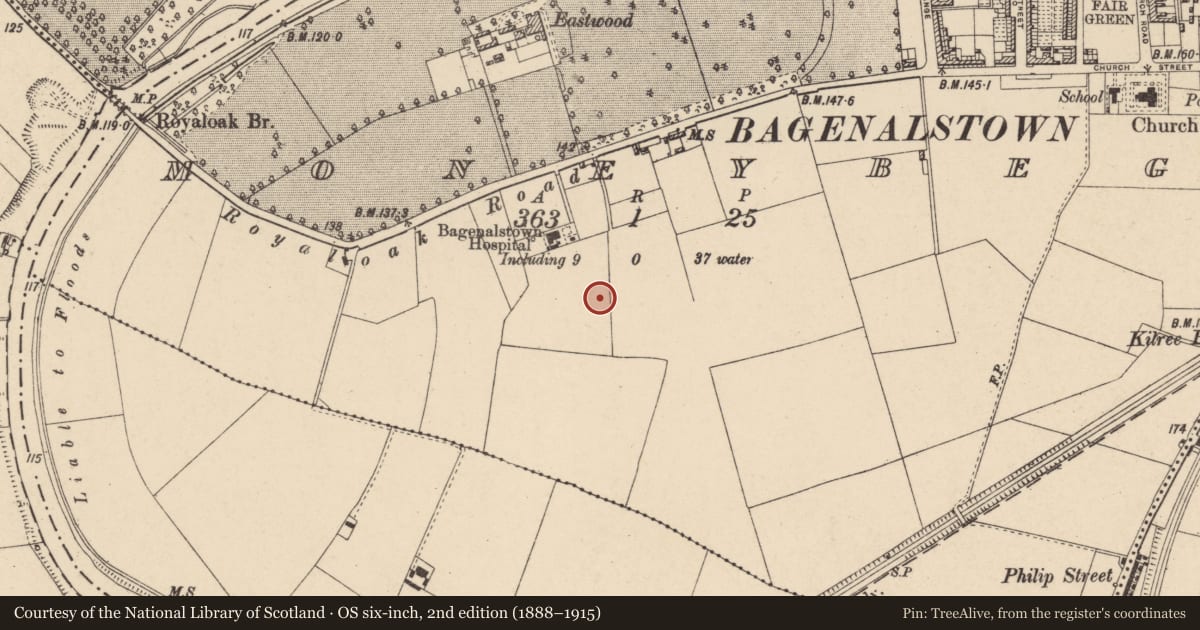Ordnance Survey six-inch map, 2nd edition (1888–1915) covering the location of Enclosure, Moneybeg, County Carlow, with a pin at the register's coordinates