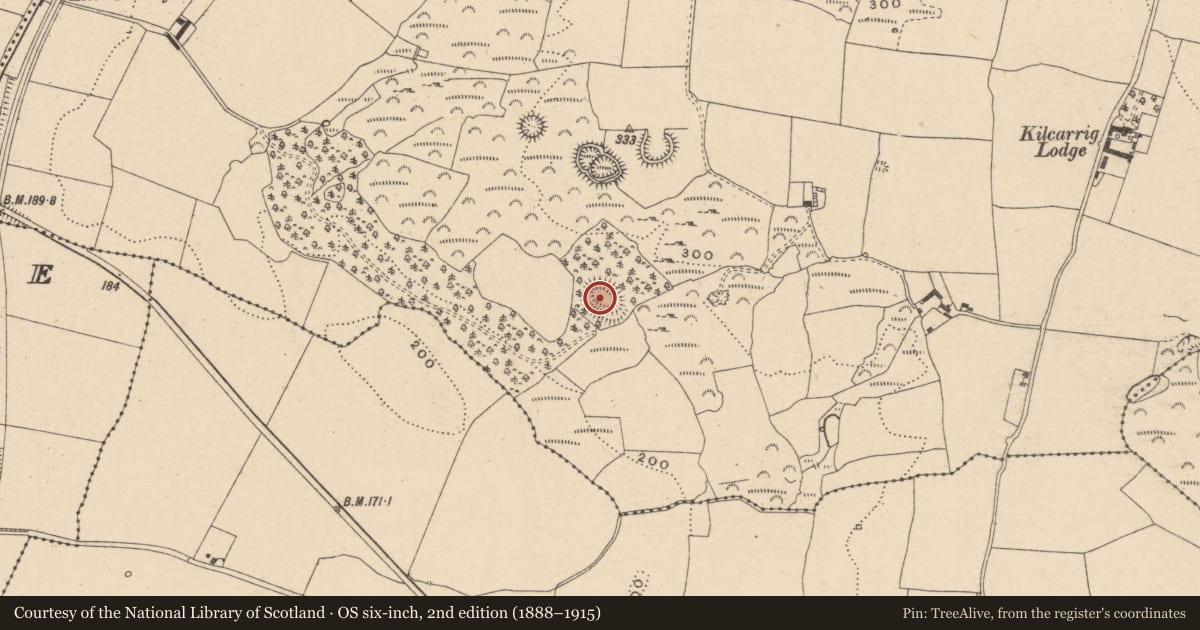 Ordnance Survey six-inch map, 2nd edition (1888–1915) covering the location of Enclosure, Kilcarrig, County Carlow, with a pin at the register's coordinates