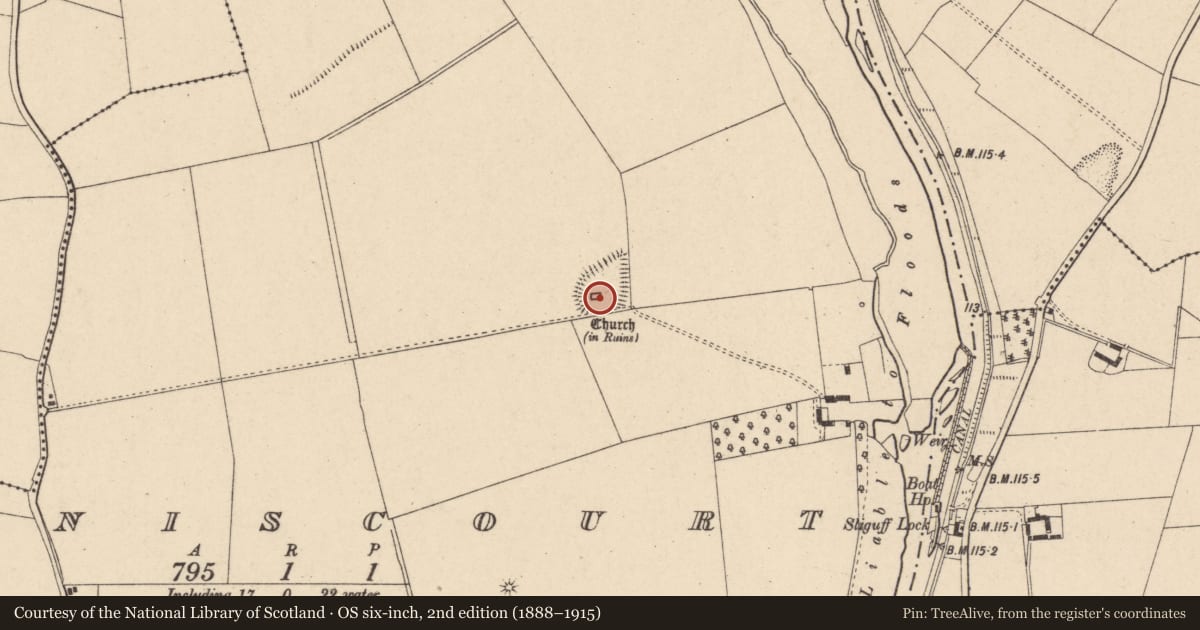 Ordnance Survey six-inch map, 2nd edition (1888–1915) covering the location of Children's burial ground, Fenniscourt, County Carlow, with a pin at the register's coordinates