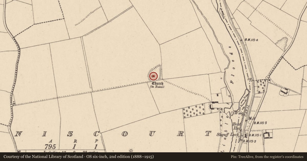 Ordnance Survey six-inch map, 2nd edition (1888–1915) covering the location of Church, Fenniscourt, County Carlow, with a pin at the register's coordinates