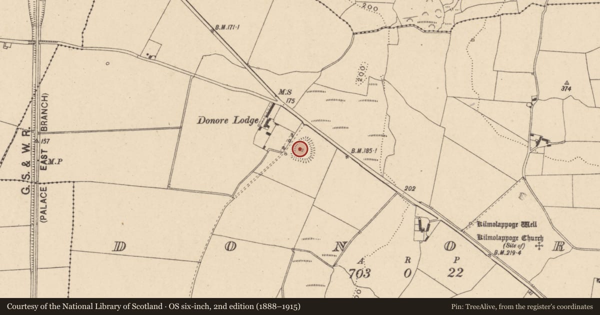 Ordnance Survey six-inch map, 2nd edition (1888–1915) covering the location of Church, Donore, County Carlow, with a pin at the register's coordinates