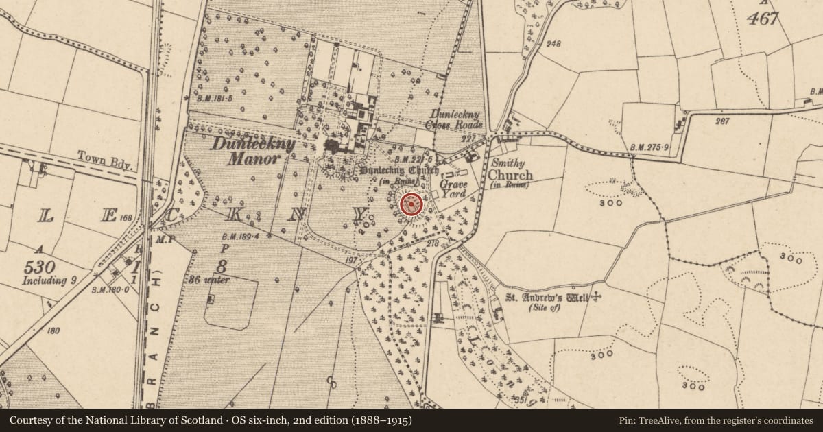 Ordnance Survey six-inch map, 2nd edition (1888–1915) covering the location of Castle - motte, Dunleckny, County Carlow, with a pin at the register's coordinates
