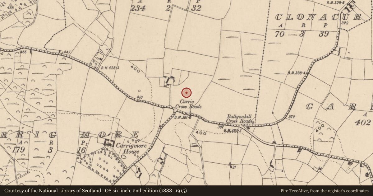 Ordnance Survey six-inch map, 2nd edition (1888–1915) covering the location of Ritual site - holy well, Toberbride, County Carlow, with a pin at the register's coordinates