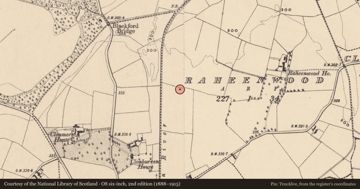 Ordnance Survey six-inch map, 2nd edition (1888–1915) covering the location of Enclosure, Raheenwood, County Carlow, with a pin at the register's coordinates