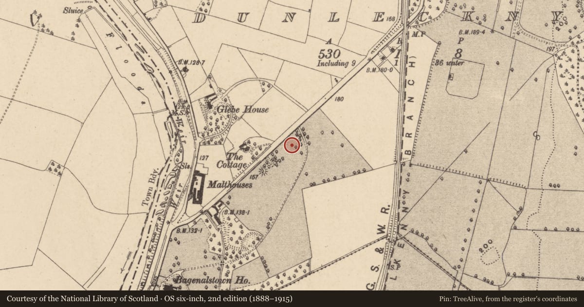 Ordnance Survey six-inch map, 2nd edition (1888–1915) covering the location of Ring-ditch, Dunleckny, County Carlow, with a pin at the register's coordinates