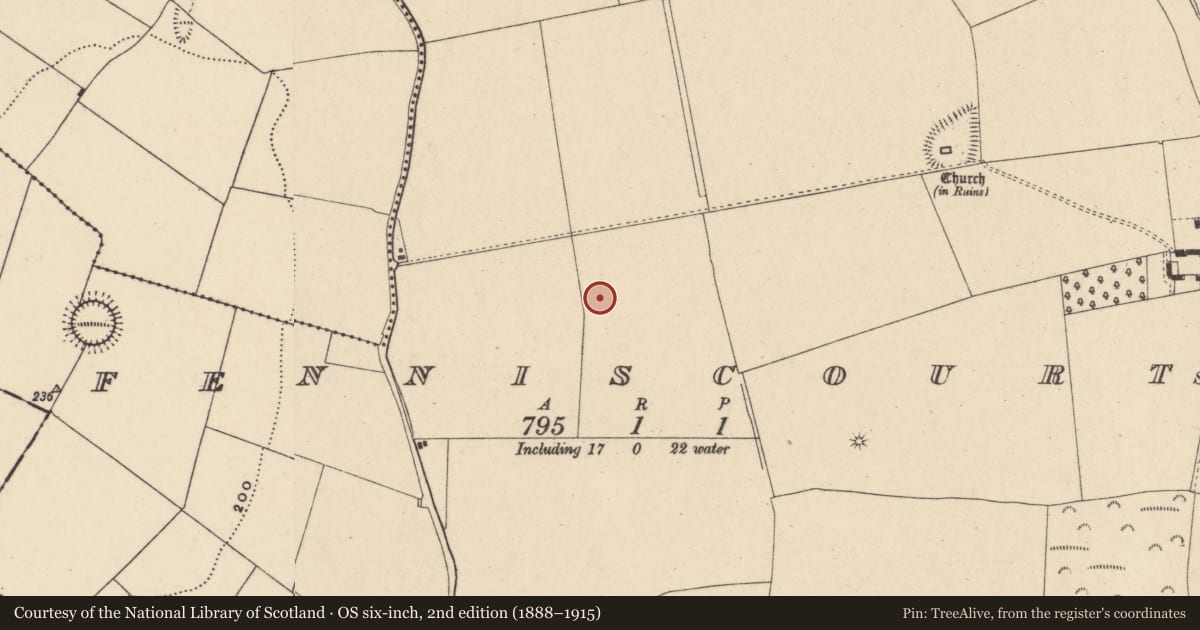 Ordnance Survey six-inch map, 2nd edition (1888–1915) covering the location of Ring-ditch, Fenniscourt, County Carlow, with a pin at the register's coordinates