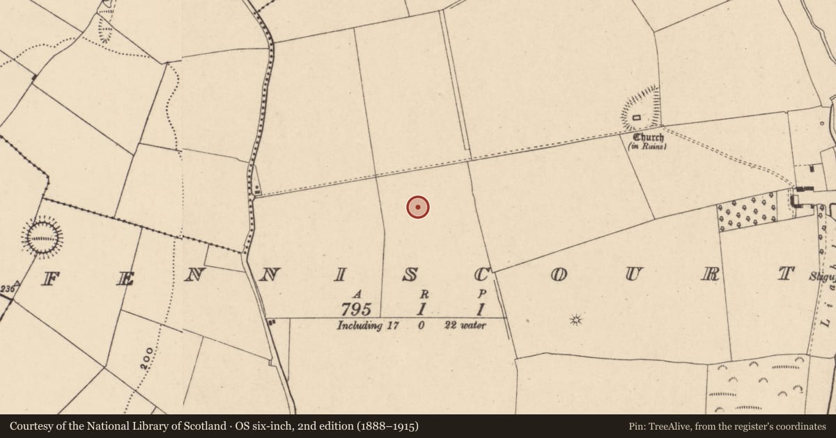 Ordnance Survey six-inch map, 2nd edition (1888–1915) covering the location of Pit, Fenniscourt, County Carlow, with a pin at the register's coordinates