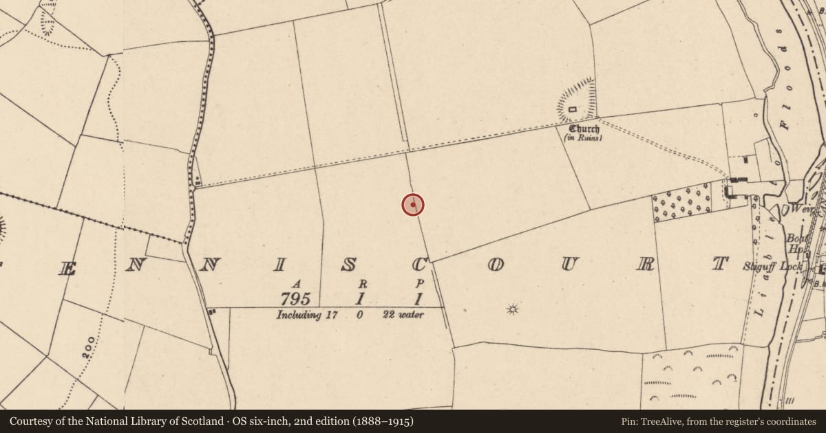 Ordnance Survey six-inch map, 2nd edition (1888–1915) covering the location of Field system, Fenniscourt, County Carlow, with a pin at the register's coordinates