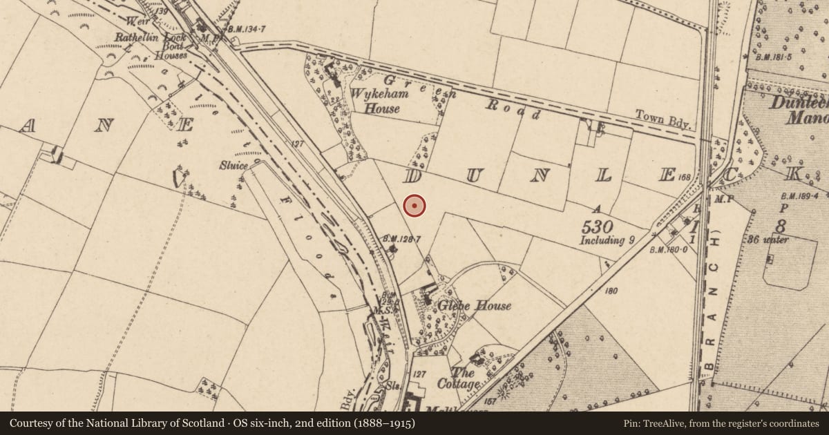 Ordnance Survey six-inch map, 2nd edition (1888–1915) covering the location of Enclosure, Dunleckny, County Carlow, with a pin at the register's coordinates