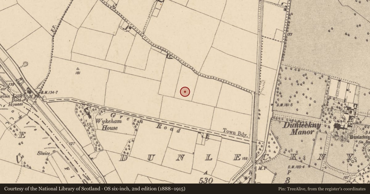 Ordnance Survey six-inch map, 2nd edition (1888–1915) covering the location of Enclosure, Dunleckny, County Carlow, with a pin at the register's coordinates