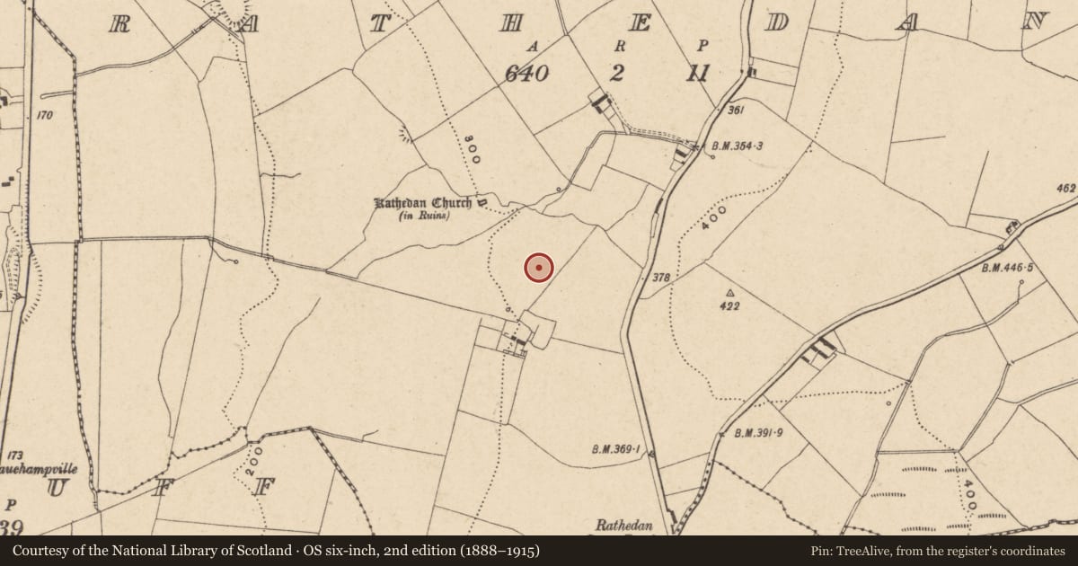 Ordnance Survey six-inch map, 2nd edition (1888–1915) covering the location of Enclosure, Rathedan, County Carlow, with a pin at the register's coordinates