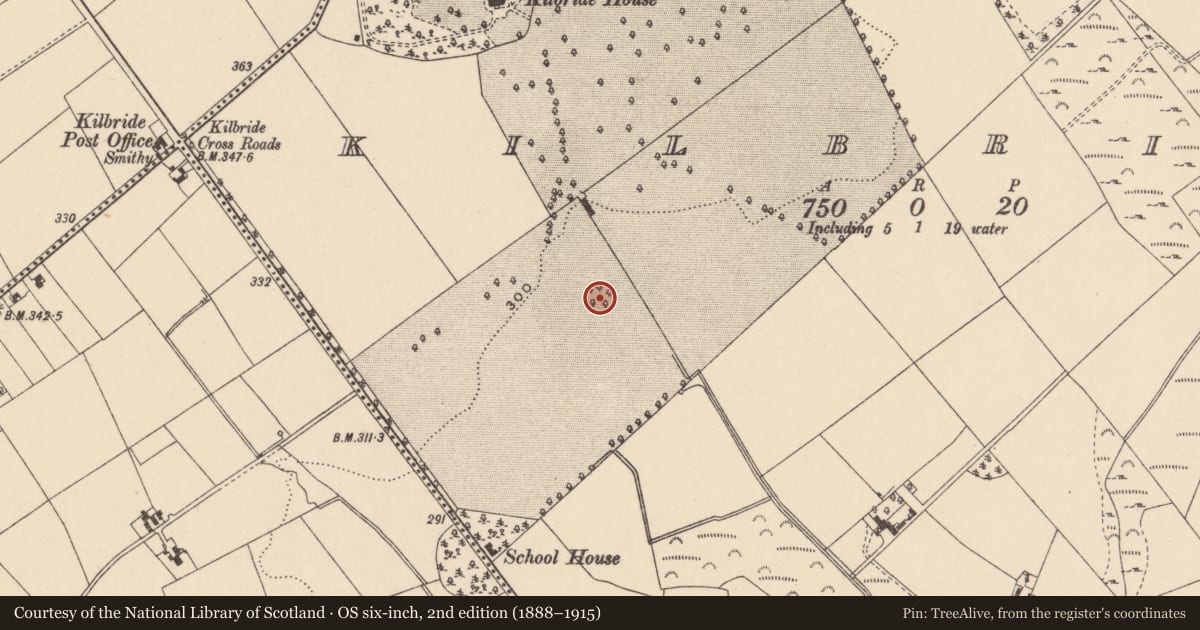 Ordnance Survey six-inch map, 2nd edition (1888–1915) covering the location of Designed landscape feature, Kilbride, County Carlow, with a pin at the register's coordinates