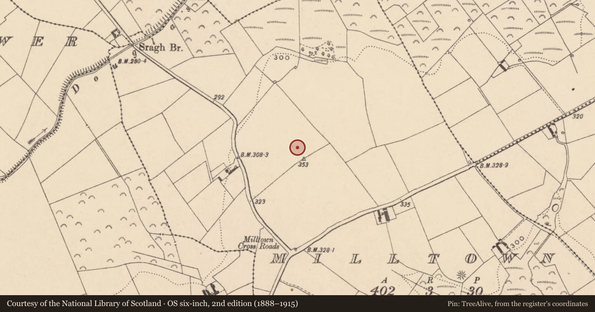 Ordnance Survey six-inch map, 2nd edition (1888–1915) covering the location of Burial ground, Milltown, County Carlow, with a pin at the register's coordinates