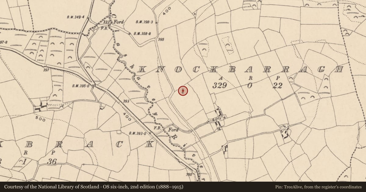 Ordnance Survey six-inch map, 2nd edition (1888–1915) covering the location of Barrow - mound barrow, Knockbarragh, County Carlow, with a pin at the register's coordinates