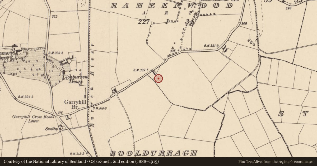 Ordnance Survey six-inch map, 2nd edition (1888–1915) covering the location of Enclosure, Raheenwood, County Carlow, with a pin at the register's coordinates
