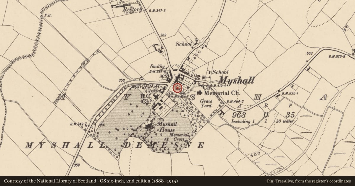 Ordnance Survey six-inch map, 2nd edition (1888–1915) covering the location of Church, Myshall, County Carlow, with a pin at the register's coordinates