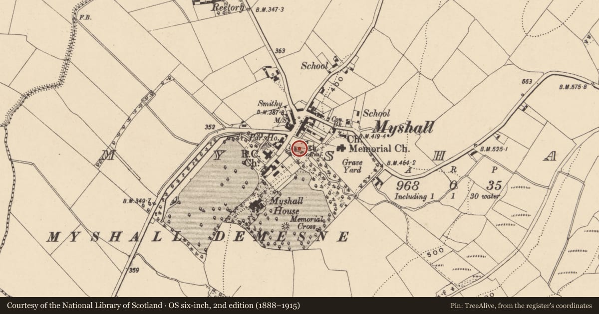 Ordnance Survey six-inch map, 2nd edition (1888–1915) covering the location of Ritual site - holy well, Myshall, County Carlow, with a pin at the register's coordinates