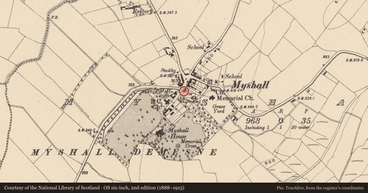 Ordnance Survey six-inch map, 2nd edition (1888–1915) covering the location of Bullaun stone, Myshall, County Carlow, with a pin at the register's coordinates