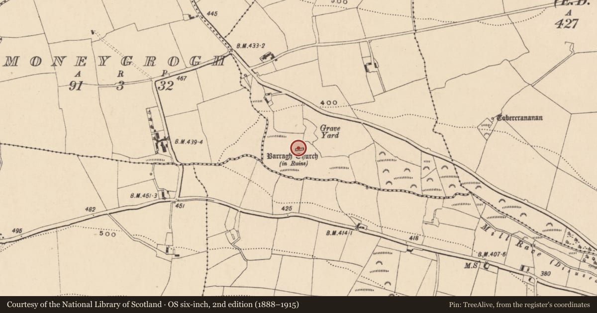 Ordnance Survey six-inch map, 2nd edition (1888–1915) covering the location of Church, Barragh, County Carlow, with a pin at the register's coordinates