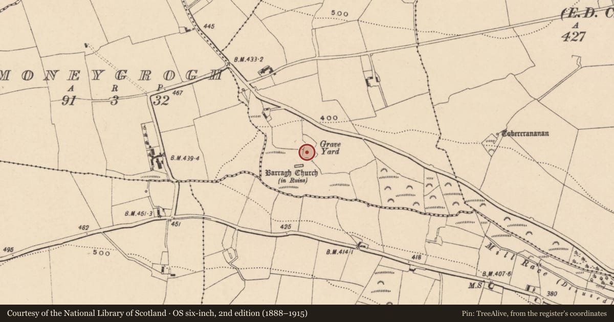 Ordnance Survey six-inch map, 2nd edition (1888–1915) covering the location of Graveyard, Barragh, County Carlow, with a pin at the register's coordinates