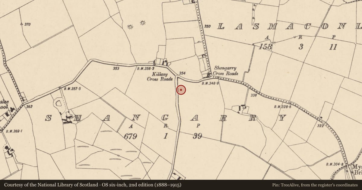 Ordnance Survey six-inch map, 2nd edition (1888–1915) covering the location of Burial ground, Shangarry, County Carlow, with a pin at the register's coordinates