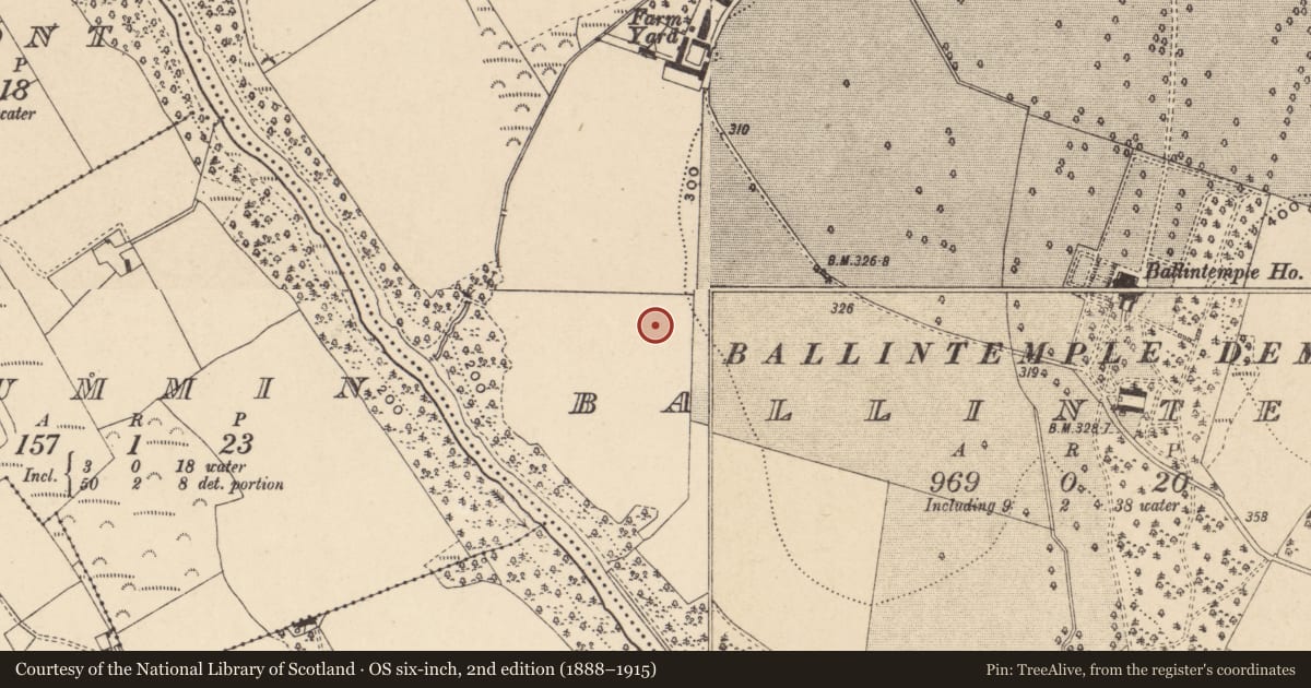 Ordnance Survey six-inch map, 2nd edition (1888–1915) covering the location of Enclosure, Ballintemple, County Carlow, with a pin at the register's coordinates