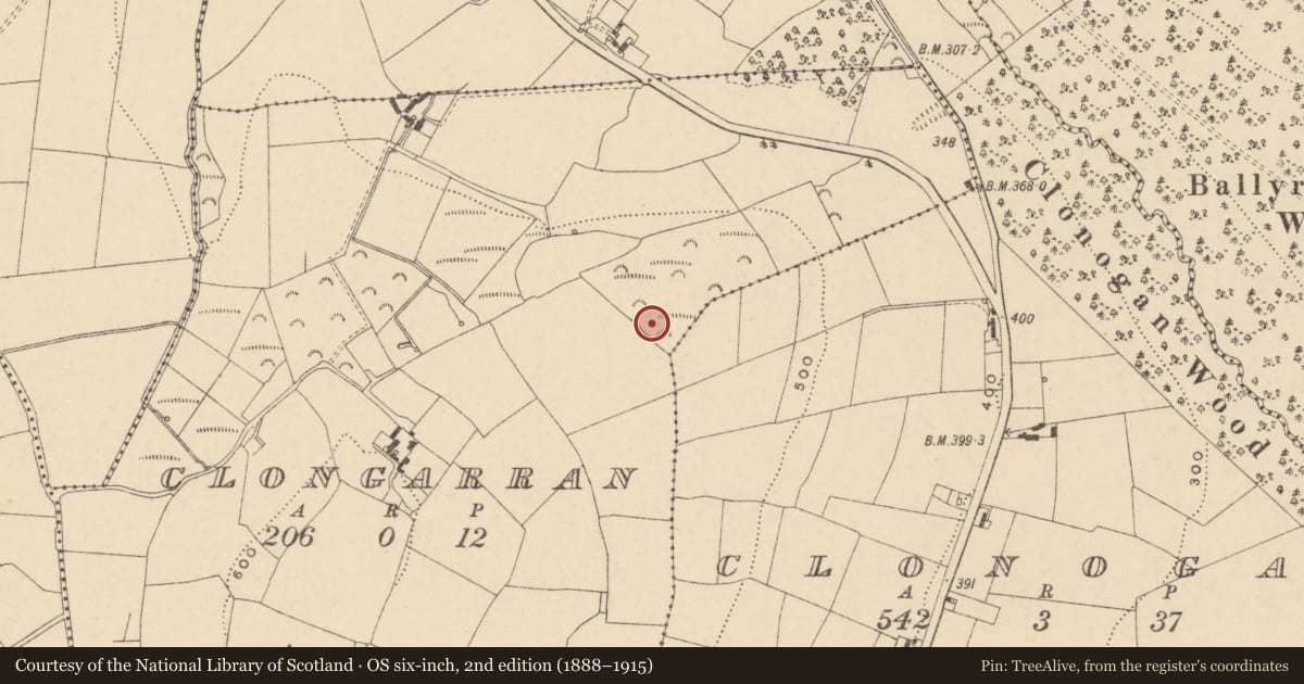 Ordnance Survey six-inch map, 2nd edition (1888–1915) covering the location of Enclosure, Clongarran, County Carlow, with a pin at the register's coordinates