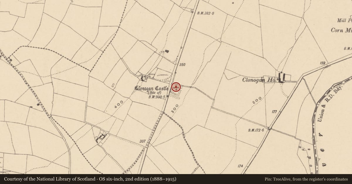 Ordnance Survey six-inch map, 2nd edition (1888–1915) covering the location of Castle - unclassified, Clonogan, County Carlow, with a pin at the register's coordinates