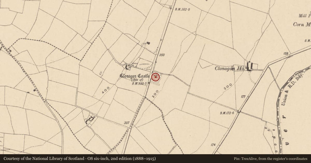 Ordnance Survey six-inch map, 2nd edition (1888–1915) covering the location of Enclosure, Clonogan, County Carlow, with a pin at the register's coordinates