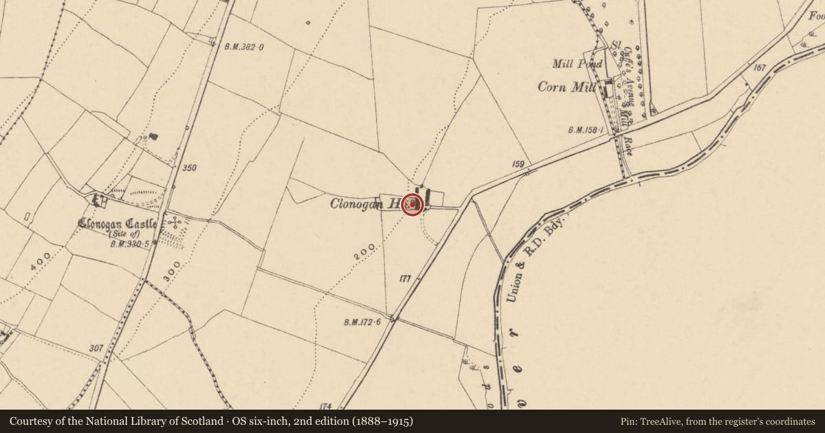 Ordnance Survey six-inch map, 2nd edition (1888–1915) covering the location of Architectural fragment, Clonogan, County Carlow, with a pin at the register's coordinates