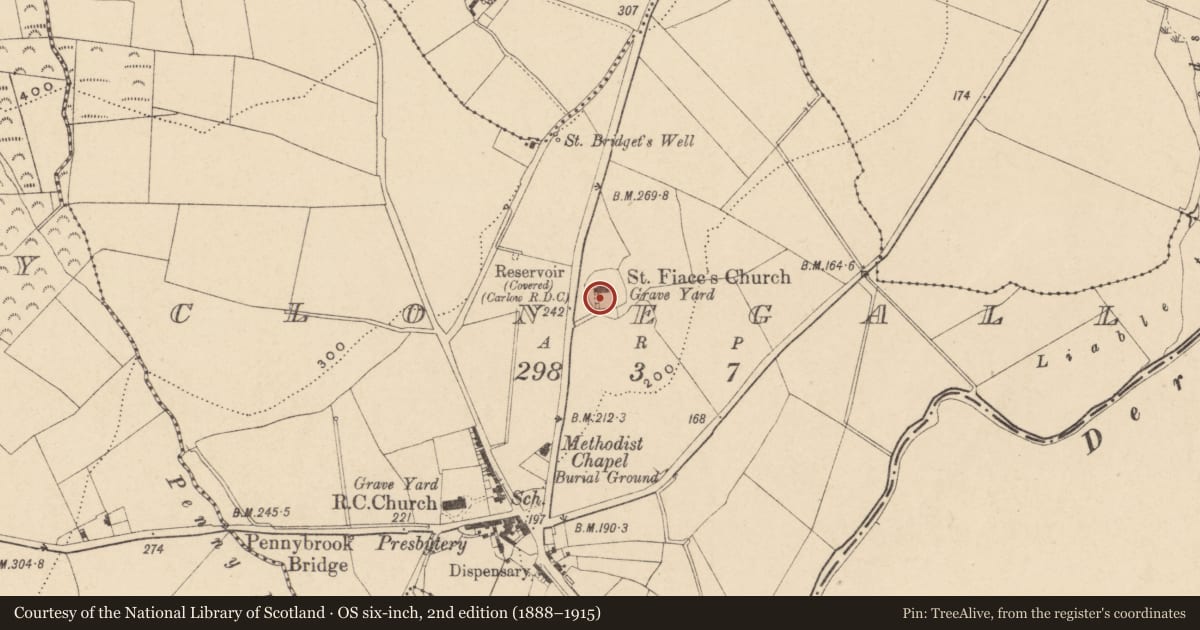Ordnance Survey six-inch map, 2nd edition (1888–1915) covering the location of Ecclesiastical enclosure, Clonegall, County Carlow, with a pin at the register's coordinates