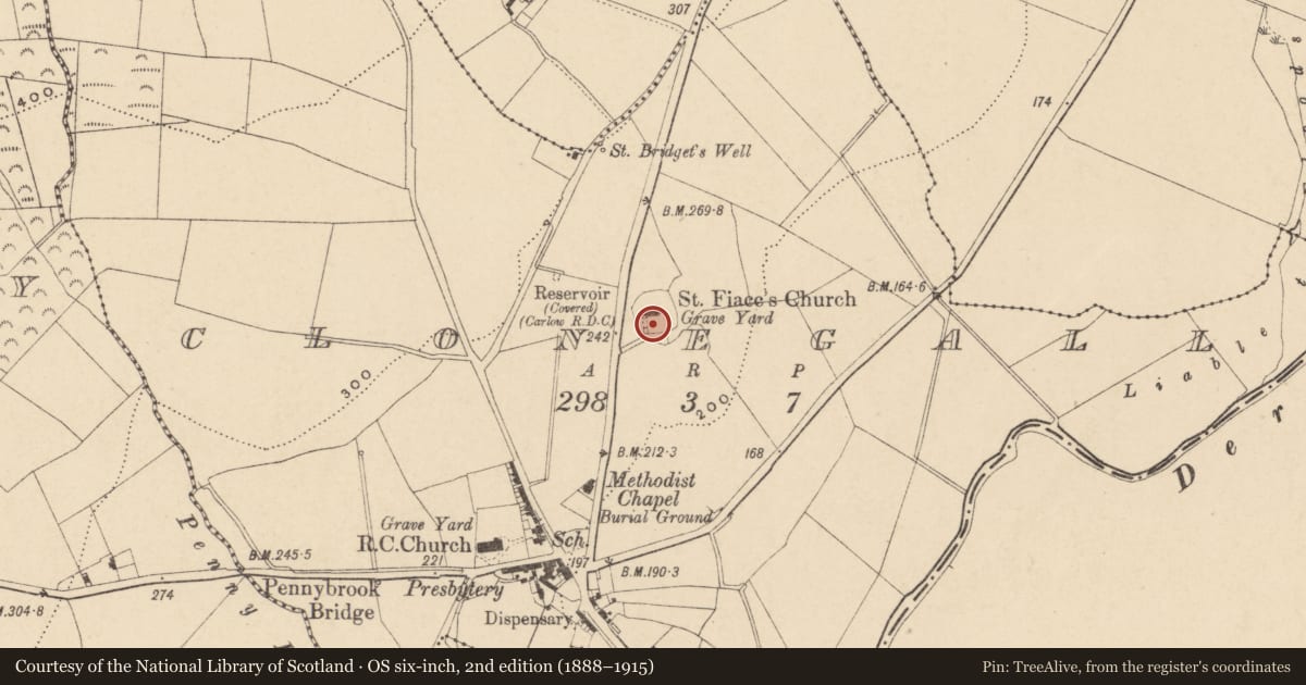 Ordnance Survey six-inch map, 2nd edition (1888–1915) covering the location of Graveyard, Clonegall, County Carlow, with a pin at the register's coordinates