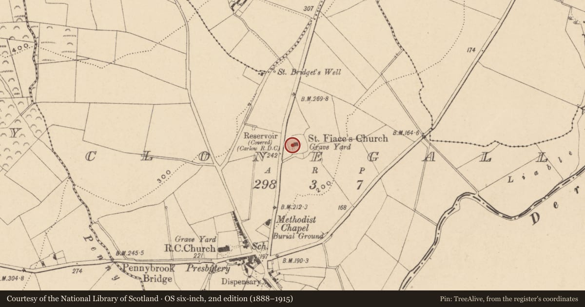 Ordnance Survey six-inch map, 2nd edition (1888–1915) covering the location of Ringfort - rath, Clonegall, County Carlow, with a pin at the register's coordinates