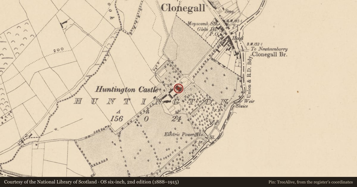 Ordnance Survey six-inch map, 2nd edition (1888–1915) covering the location of House - fortified house, Huntington, County Carlow, with a pin at the register's coordinates
