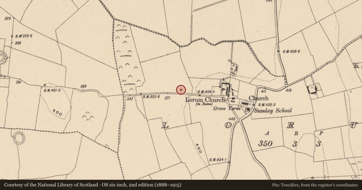 Ordnance Survey six-inch map, 2nd edition (1888–1915) covering the location of Cross, Lorum, County Carlow, with a pin at the register's coordinates
