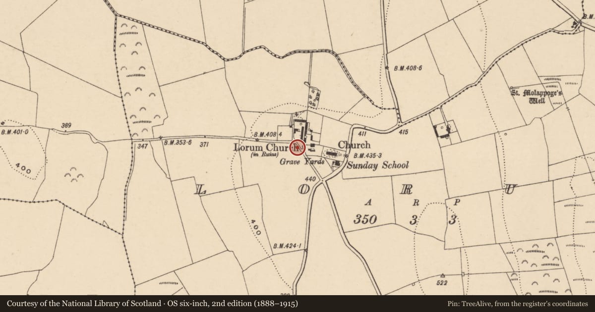 Ordnance Survey six-inch map, 2nd edition (1888–1915) covering the location of Church, Lorum, County Carlow, with a pin at the register's coordinates