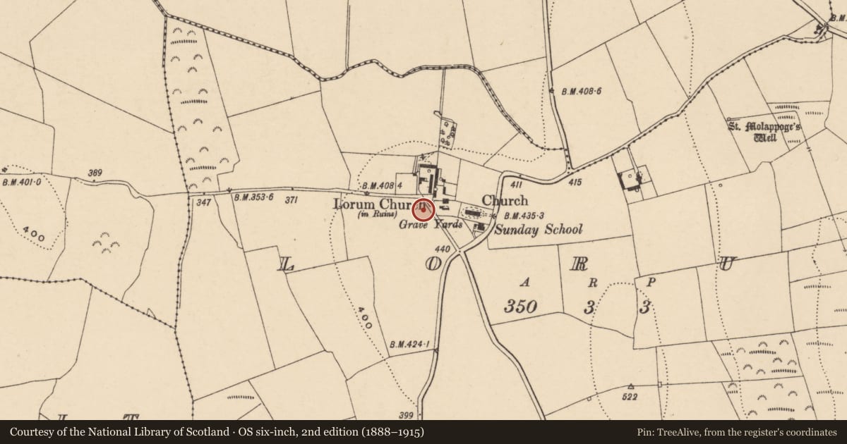 Ordnance Survey six-inch map, 2nd edition (1888–1915) covering the location of Cross, Lorum, County Carlow, with a pin at the register's coordinates