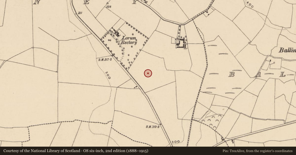 Ordnance Survey six-inch map, 2nd edition (1888–1915) covering the location of Earthwork, Kilgraney, County Carlow, with a pin at the register's coordinates