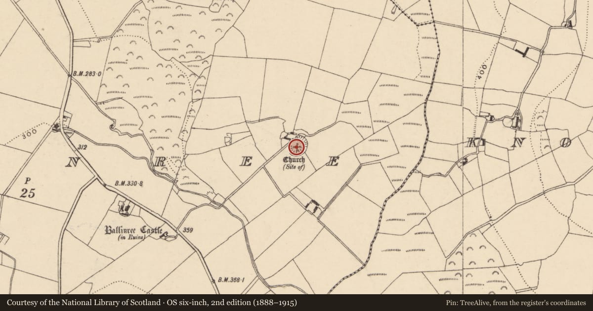 Ordnance Survey six-inch map, 2nd edition (1888–1915) covering the location of Church, Ballinree, County Carlow, with a pin at the register's coordinates