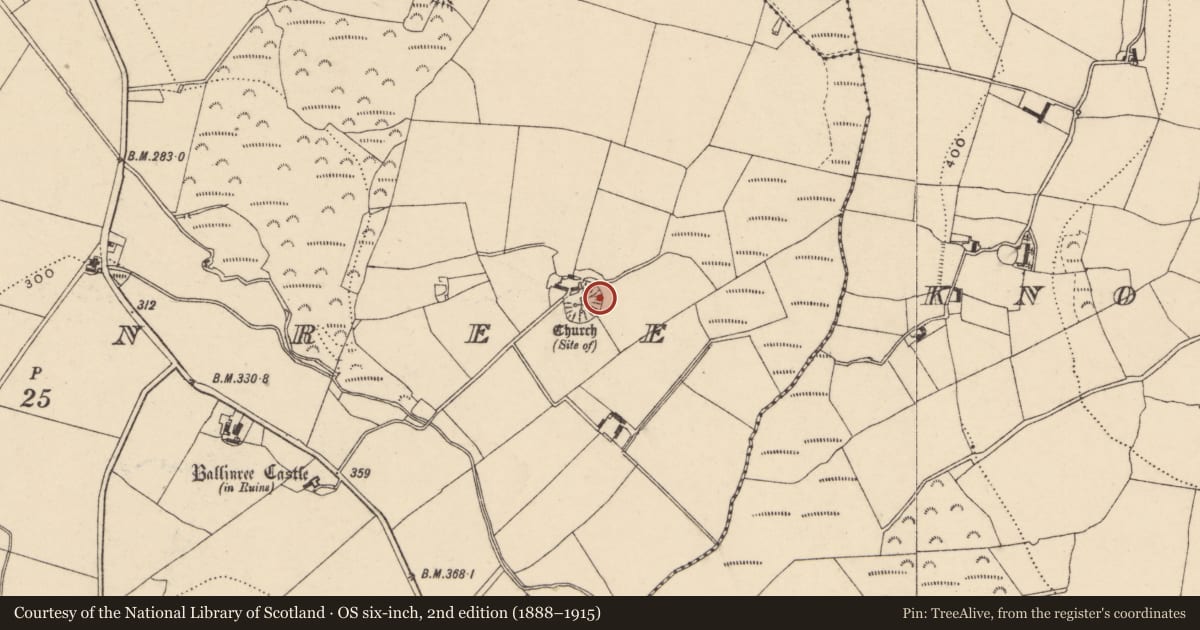 Ordnance Survey six-inch map, 2nd edition (1888–1915) covering the location of Enclosure, Ballinree, County Carlow, with a pin at the register's coordinates