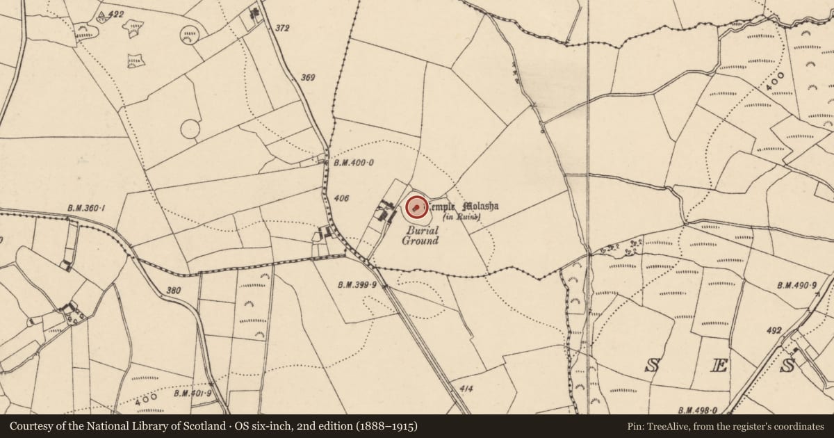 Ordnance Survey six-inch map, 2nd edition (1888–1915) covering the location of Church, Seskinnamadra, County Carlow, with a pin at the register's coordinates