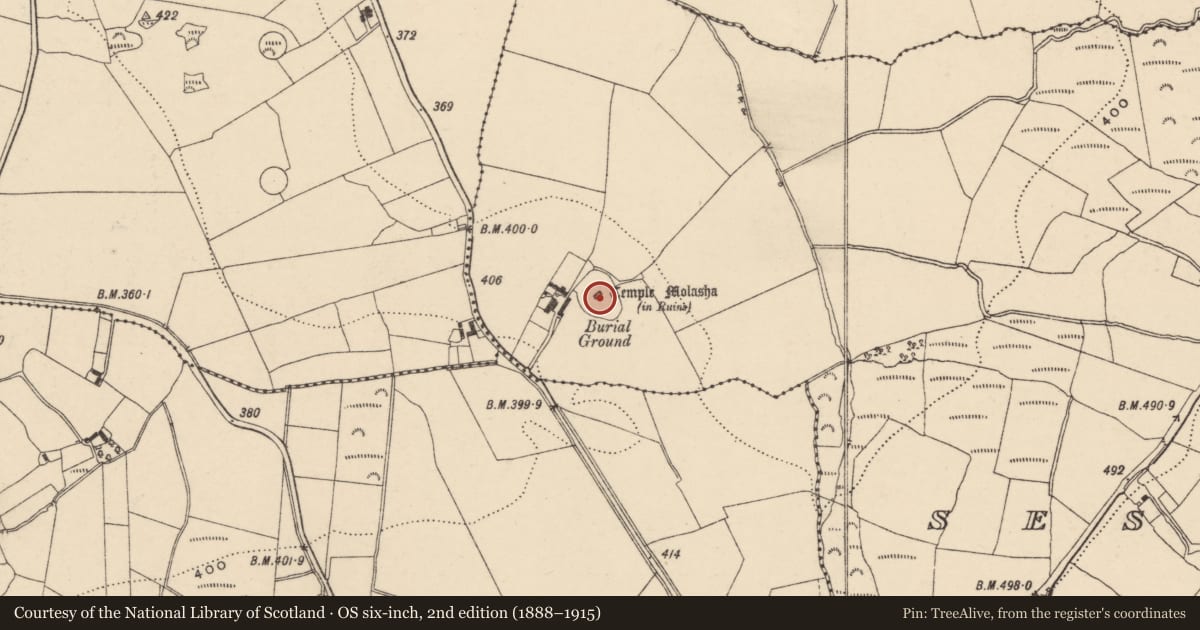Ordnance Survey six-inch map, 2nd edition (1888–1915) covering the location of Graveyard, Seskinnamadra, County Carlow, with a pin at the register's coordinates
