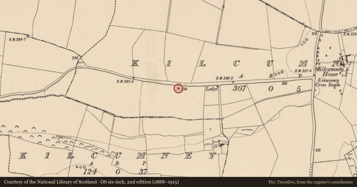 Ordnance Survey six-inch map, 2nd edition (1888–1915) covering the location of Burial ground, Kilcumney, County Carlow, with a pin at the register's coordinates