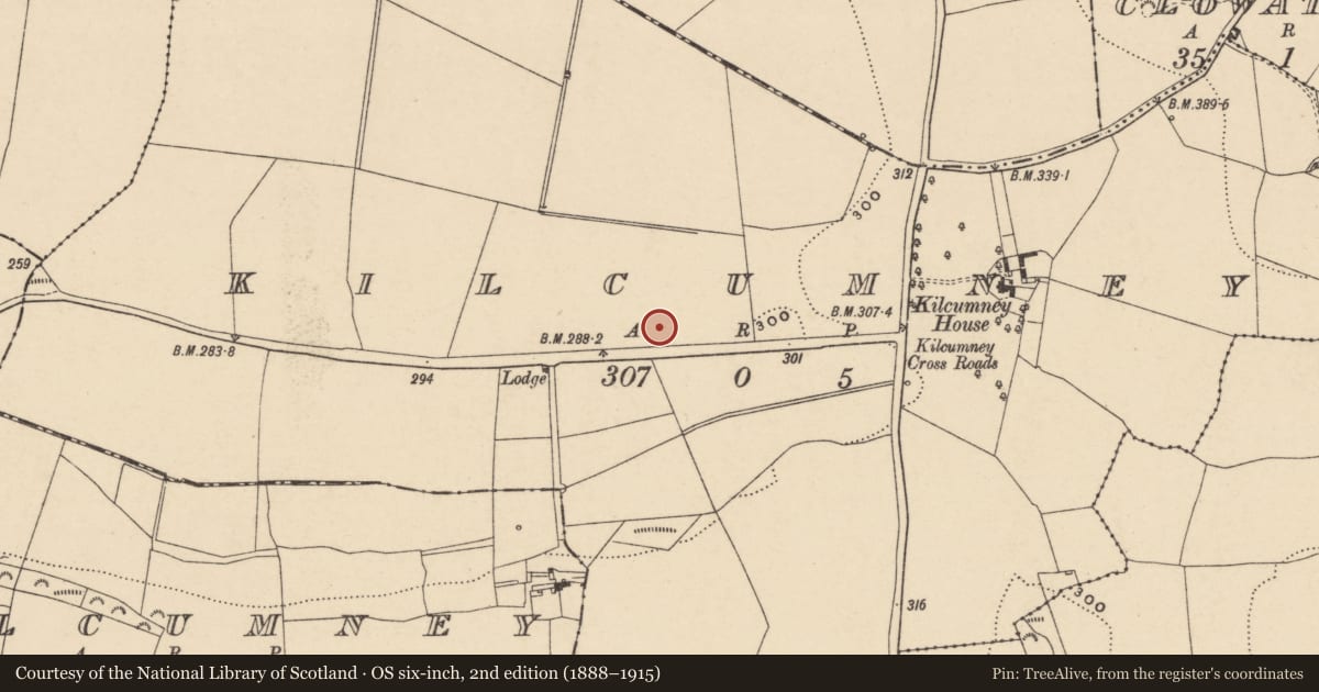 Ordnance Survey six-inch map, 2nd edition (1888–1915) covering the location of Earthwork, Kilcumney, County Carlow, with a pin at the register's coordinates