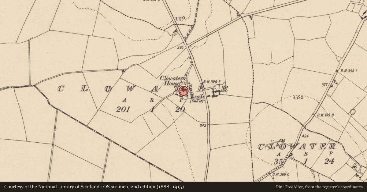 Ordnance Survey six-inch map, 2nd edition (1888–1915) covering the location of Castle - unclassified, Clowater, County Carlow, with a pin at the register's coordinates